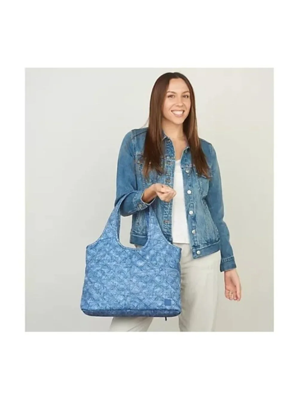 IHKWIP Quilted Everyday Shopper Tote Crossbody Strap Nylon Denim Blue Travel
